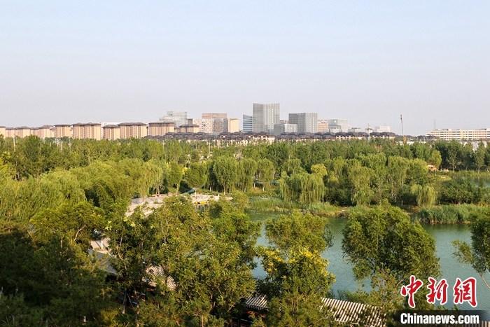 從完成頂層設計到如火如荼大規(guī)模建設，六年來，雄安新區(qū)如春天的竹子一般拔節(jié)生長，這座承載千年大計的“未來之城”已雄姿初顯。從“一張白紙”開始著墨，如今的雄安新區(qū)已是濃墨重彩的“山水畫”。<a target='_blank' href='/'>中新社</a>記者近日走訪了雄安新區(qū)多地，從“藍綠金”三色感受這座“未來之城”的巨大變化。圖為7月18日拍攝的河北雄安新區(qū)金湖公園。 <a target='_blank' href='/'>中新社</a>記者 易海菲 攝